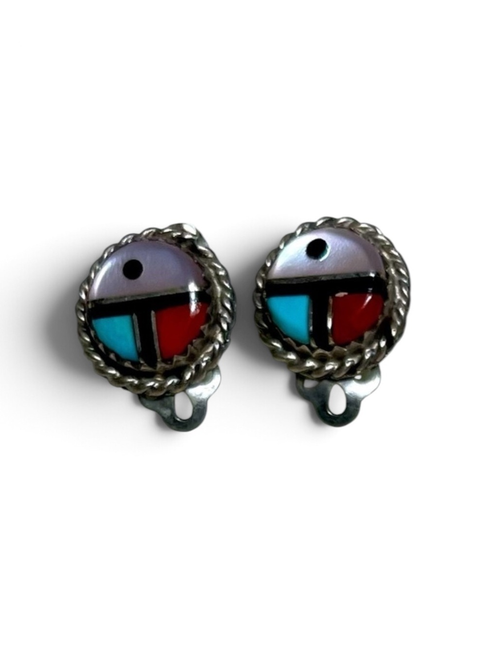 Sterling Vintage Earrings Turquoise/Red Coral/ Mother of Pearl Native American